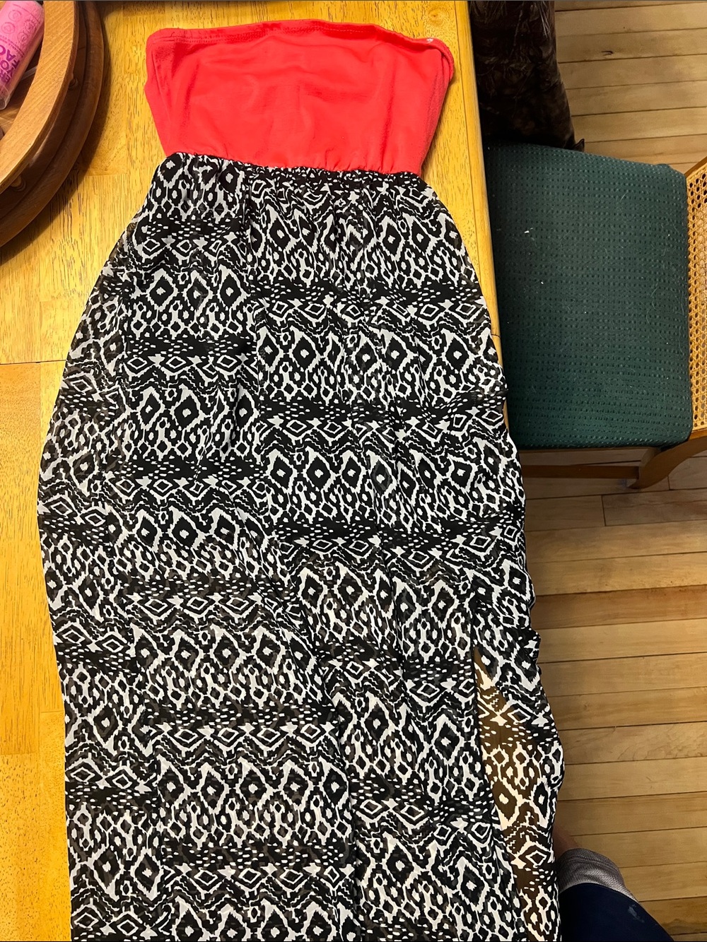 Strapless Coral and Black Patterned Maxi Skirt